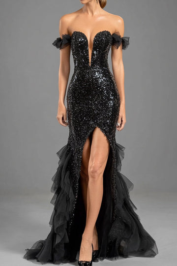 Robe formelle en tulle à sequins à épaules dénudées sirène noire